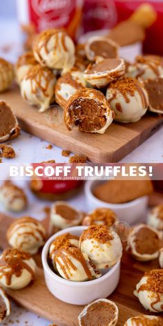 some desserts are sitting on a cutting board with the words biscoff truffles