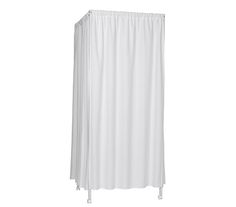 a white shower curtain hanging on the side of a wall