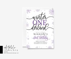 the winter onederant birthday party card is shown with purple and white snowflakes