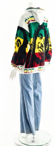 "- Super rare and cool Bootleg Bob Marley Sweater Cardigan Hoodie Jacket - Bob Marley Front and Back Zip Up Knit Sweater Hoodie - \"One Love\" With Bob Marley Image - Soft And Cozy - Pockets On Sides - Long Sleeves - Deep Hood - Super Soft Wool Blend Knit Fits like: L - XL Material: Wool Condition: Excellent Clipped on Mannequin: No ✂ SIZE + FIT ✂ Length: 28\" / 71 cm Shoulders, Seam to Seam: 25\" / 64 cm Sleeve: 2\"\" / 56 cm Bust: 44\" / 112 cm Waist: 44\" / 112 cm All measurements are taken w Zip Up Knit Sweater, Vintage Bob Marley, Cardigan Hoodie, Retro Suits, Camo Sweater, Vintage Bob, Dress Form Mannequin, Hoodie Cardigan, One Love