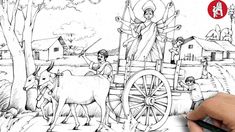 a drawing of jesus riding in a wagon with animals