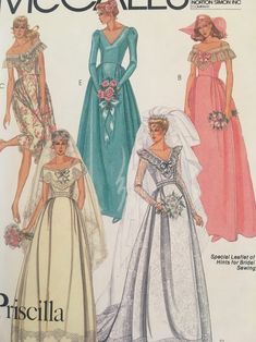 Vintage uncut wedding dress pattern by McCall's 7395 in excellent unused uncut condition with minor wear to envelope corners. Size 12, see measurements below. Bust 34 Waist 26 1/2 Hip 36 Back waist length 16 1/4 Description: Misses' bridal and bridesmaids gowns. Gown (all views) has lined, fitted bodice, V-neckline, back zipper closing; skirt is gathered and pleated into shaped waistline seam. Sleeveless gown A with collar has lace trim; lower edge of skirt lining is trimmed with pre-gathered la Gowns Hijab, Priscilla Wedding, Bridesmaid Blue, Wedding Gown Patterns, Wedding Dress Pattern, Wedding Dress Sewing Patterns, Gowns Blue, Open Backs, Dresses Flowy