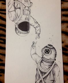 a drawing of a man in a diving suit reaching for an astronaut's helmet