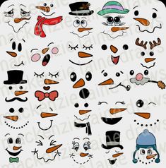 an assortment of cartoon faces with hats and scarves on their heads, all drawn in different