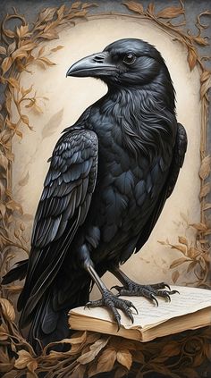 a painting of a black bird sitting on top of an open book with leaves around it