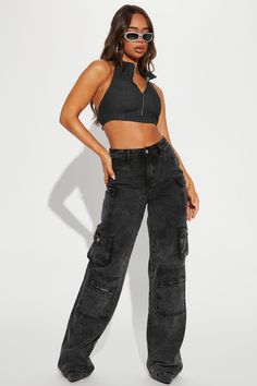 Petite Cargo Pants Outfit, Fashion Nova Cargo Pants, Black Denim Cargo Pants, Black Cargo Jeans, Fun Clothing, Dope Fits, Skater Girl, Clothing Pieces, Sweater Jumpsuit