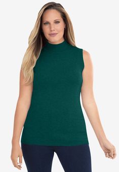 This flattering fine-gauge mockneck adds a shimmering note under a blazer, matching cardigan or on its own. Sleeveless. 28" lengthSolids are Mockneck Sweater, Cropped Cardigan Sweater, Tunic Tank Tops, Womens Turtleneck, Ladies Of London, Sweater Tank Top, Swimsuits For All, Mock Neck Sweater, Women's Wardrobe