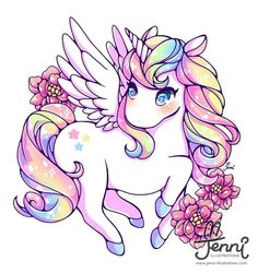 a drawing of a unicorn with wings and flowers