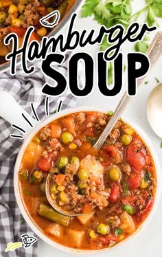 hamburger soup in a white bowl with spoons on the side and title overlay