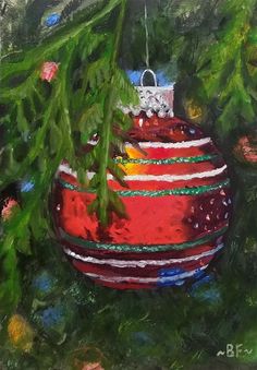 a painting of a christmas ornament hanging from a tree