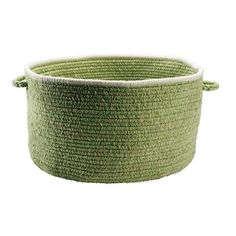 a large green basket with white trim on the bottom and handles, in front of a white background