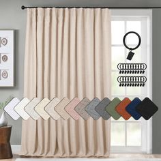 the curtain is open and ready to be hung in front of a window with several different colors