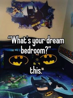 a batman themed bed with the words what's your dream bedroom? this