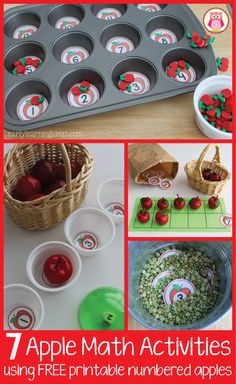 an apple math activity for kids with numbers and apples in the cupcake tins