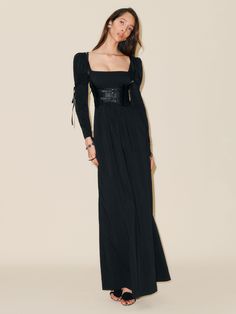 Splurge sustainably. Shop the Rhea Dress from Reformation, a full-length dress with long sleeves, a square neckline, and tie detailing along the arms. The Reformation, Dress With Long Sleeves, Full Length Dress, New Tops, Outerwear Sweater, Clothes Collection, Floral Maxi, Square Necklines, Black Maxi Dress