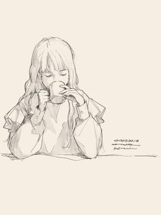 a drawing of a woman sitting at a table with her hands to her mouth and holding a coffee cup in front of her face