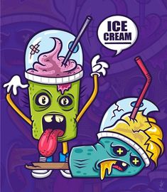 an ice cream advertisement with a cartoon character holding up a cup and tongue sticking out