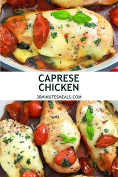 two pictures of chicken with tomatoes and cheese