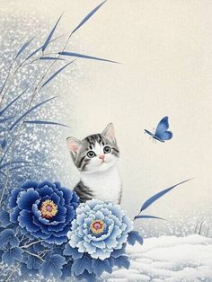 a painting of a cat sitting in the snow with blue flowers and a butterfly flying over it