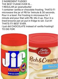 two jars of peanut butter and one jar of ice cream are shown in this ad