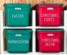 christmas lights, thanksgiving decor, and easter baskets are all labeled in red and green