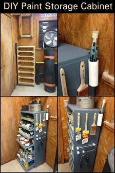 four pictures show the inside of a storage cabinet with tools and other items in it