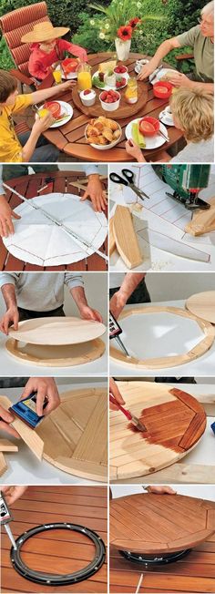 some people are making wooden trays out of plywood and plastic plates on a table