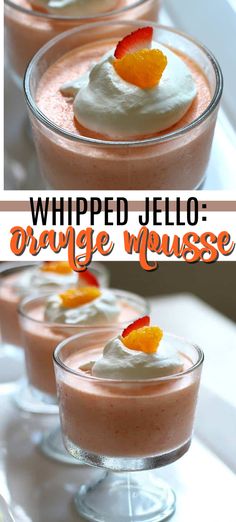 three desserts in small glasses with whipped jello and orange garnish on top