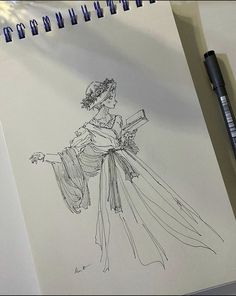 a drawing of a woman wearing a dress and holding a cane in her hand, on top of a notepad