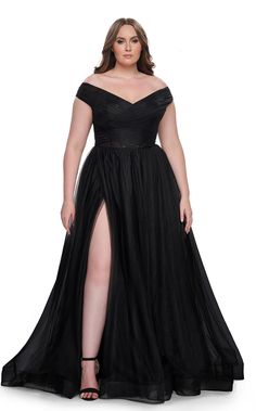 Ruched Off-shoulder V-neckline A-line Gown by La FemmeSlip into this dreamy 32204 La Femme gown and be the center of attention. It features a ruched bodice with an off-shoulder V-neckline, cap sleeves, and a zippered back. The natural waistline traverses into an A-line skirt with pleats and a high slit. Erupting into a gorgeous horsehair hemline and a sweep train, the La Femme gown makes your walk worth noticing. Horsehair Hem, Evening Gala, Designer Formal Dresses, Sheer Corset, A Line Prom Dress, A Line Evening Dress, Plus Size Prom, Tulle Ball Gown, A Line Prom Dresses