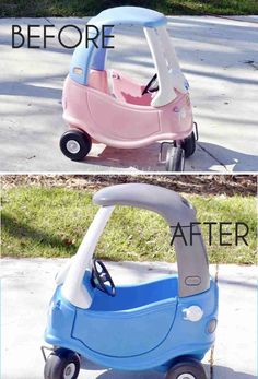 the before and after pictures of a toy car that has been painted pink, blue and white