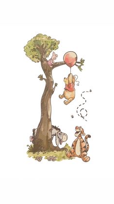 winnie the pooh and tigger are hanging from a tree with balloons in it