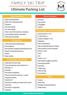 the ultimate family ski trip packing list is shown in this printable check - out