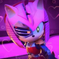 sonic the hedgehog is standing in front of a purple background with heart shaped shapes