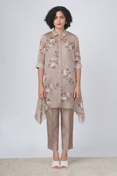 Buy Beige Organza Printed Striped Shirt Collar Sakura And Pant Set For Women by Arcvsh by Pallavi Singh Online at Aza Fashions. Pant Set, Shirt And Pants, Set For Women, Shirt Collar, Asymmetric Hem, Aza Fashion, Stripe Print, Striped Shirt, Three Quarter