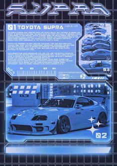 an advertisement for toyota's supra in blue and white with the words