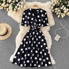 Cute polka dot v neck short dress fashion dress Fabric: blended Color: black, white Size(cm): S, M, L, XL S length 105 bust 80 waist 68 M length 106 bust 84 waist 72 V Neck Short Dress, Short Dress Styles, Dress Fashion, Short Dress, Dress Fabric, Polka Dot, Short Dresses, Polka Dots, Fashion Dresses