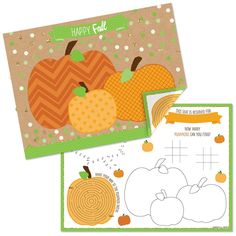 two paper pumpkins are shown on the left and right side of this printable card