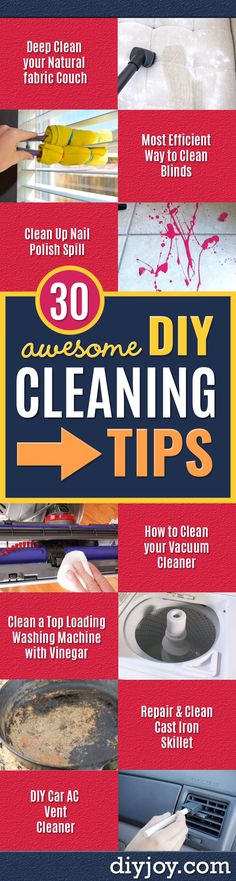 the ultimate diy cleaning tips guide is shown in red, white and blue colors