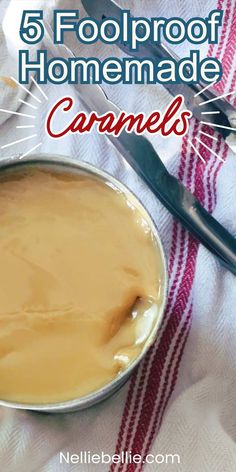 a bowl filled with caramel sauce on top of a red and white towel