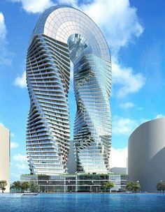 an artistic rendering of two tall buildings in front of a blue sky and white clouds