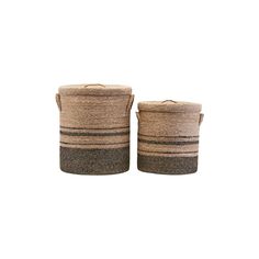 two woven baskets with handles on each side, one is brown and the other is black