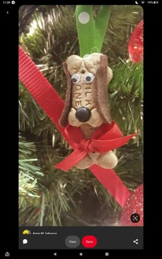 a dog ornament hanging from a christmas tree with red ribbon and green bow