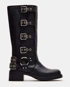 ROCKY Black Leather Knee-High Moto Boots | Women's Boots Steve Madden Rocky Boots, Rocky Boots, Engineer Boots, An Engineer, Leather Wear, Boots Women Fashion, Clothes Shopping, Pretty Clothes, 2 Inch Heels