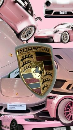 pink and white sports cars are shown in this collage