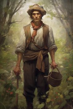 a painting of a man in the woods holding a basket and wearing a straw hat