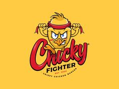 the logo for chicken fighter, which features an angry face and red lettering on a yellow background