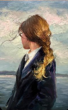 a painting of a woman with long blonde hair in a suit and tie looking out over the water