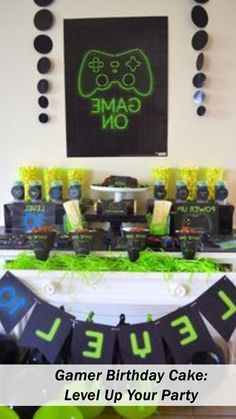 a gaming birthday cake and party decorations