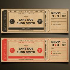 two tickets for a wedding are shown on a black background with red and white stripes